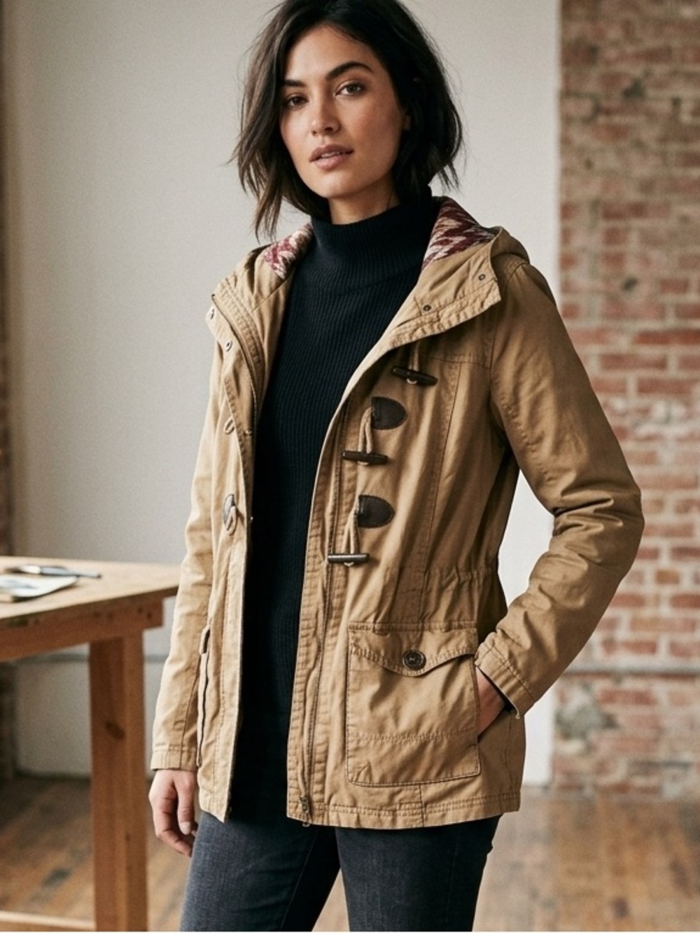 Aeropostale Brown Toggle Button Duffle Coat Hooded Utility Parka Jacket XS